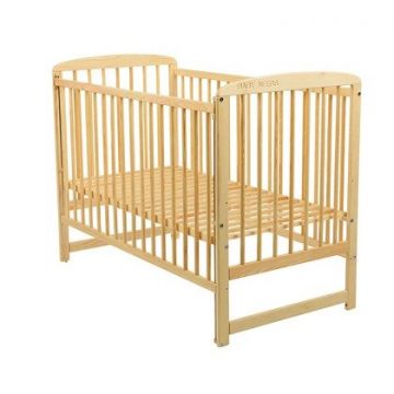 Patut din lemn Ola BabyNeeds 120x60 cm cu laterala culisanta Natur + Saltea 10 cm