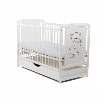 Patut din lemn Timmi Babyneeds 120x60 cm cu sertar Alb + Saltea 10 cm