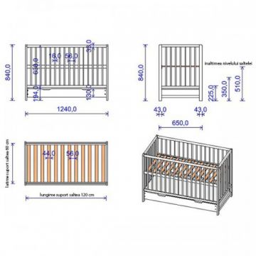 Patut copii din lemn Dominic 120x60 cm alb cu sertar