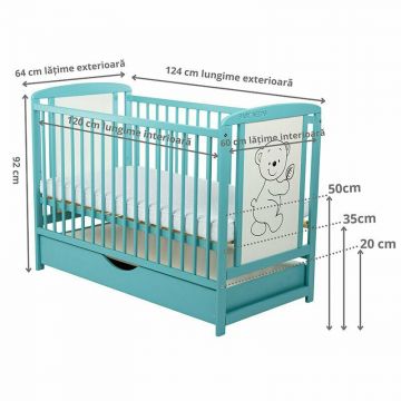 Patut din lemn Timmi BabyNeeds 120x60 cm cu sertar Mint + Saltea 10 cm