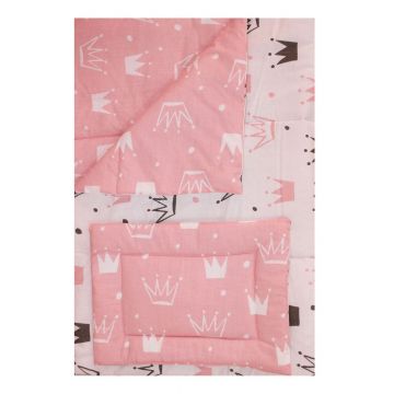 Lenjerie 2 piese, 2 fete, coronite Princess roz, 120 x 60 cm
