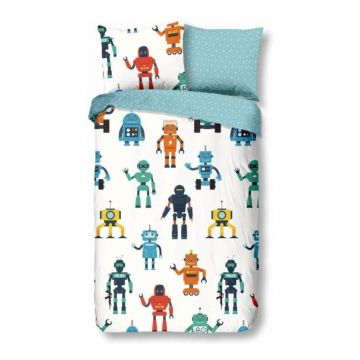 Lenjerie de pat din bumbac pentru copii Good Morning Robots, 140 x 220 cm