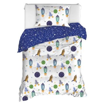 Lenjerie de pat din bumbac ranforce pentru pat single Mijolnir Spacex Dark Blue, 140 x 200 cm