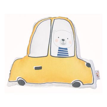 Pernă din amestec de bumbac pentru copii Mike & Co. NEW YORK Pillow Toy Car, 25 x 30 cm, galben