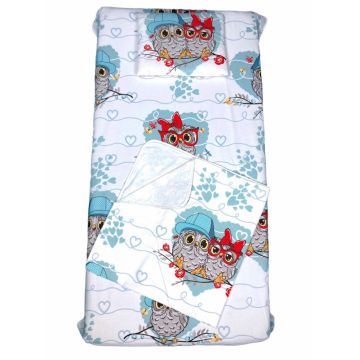 Set 3 piese paturica cu cearsaf si pernuta 120x60 cm Familia de bufnite blue