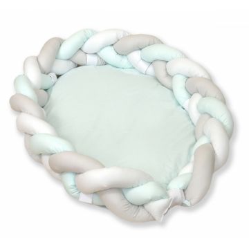 Baby Nest si Bumper impletit multifunctional pentru bebelusi WhiteGreyMint 80 x 50 cm