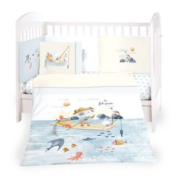 Lenjerie patut cu 6 piese cu protectie laterala The Fish Panda 60x120 cm
