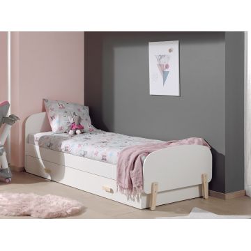 Pat din lemn de pin si MDF cu sertar, pentru copii Kiddy Alb, 200 x 90 cm