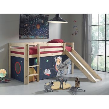 Pat etajat din lemn de pin, cu tobogan pentru copii Pino Space Natural, 200 x 90 cm