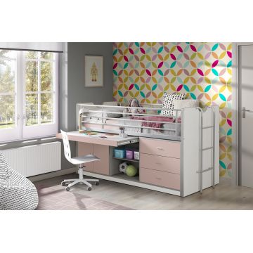 Pat etajat din pal si metal cu birou incorporat si 3 sertare, pentru copii Bonny Alb / Roz, 200 x 90 cm
