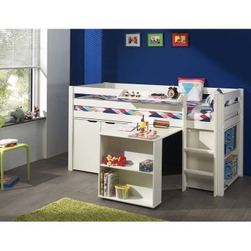 Pat multifunctional din lemn de pin, cu birou si biblioteca pentru copii Pino Alb, 200 x 90 cm