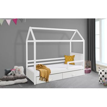 Pat din lemn de pin cu 2 sertare, pentru copii tip casuta Rozalia II, 200 x 90 cm