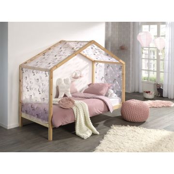 Pat din lemn de pin cu perdeluta decorativa, pentru copii tip casuta Dallas House Natural / Roz, 200 x 90 cm