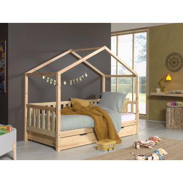 Pat din lemn de pin cu sertar, pentru copii tip casuta Dallas Capitan Natural, 200 x 90 cm Pat din lemn de pin cu sertar, pentru copii tip casuta Dallas Capitan Natural, 200 x 90 cm