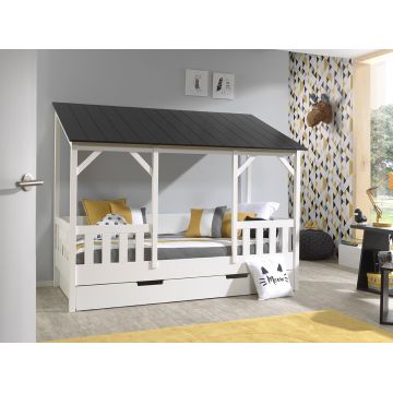 Pat din lemn de pin si MDF cu sertar, pentru copii tip casuta Housebed Capitan Alb / Negru, 200 x 90 cm