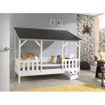 Pat din lemn de pin si MDF, pentru copii tip casuta Housebed Capitan Alb / Negru, 200 x 90 cm