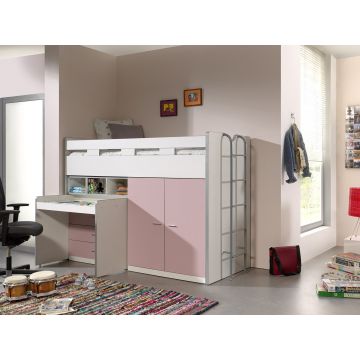 Pat etajat din pal si metal cu birou incorporat, 3 sertare si dulap, pentru copii Bonny High Alb / Roz, 200 x 90 cm