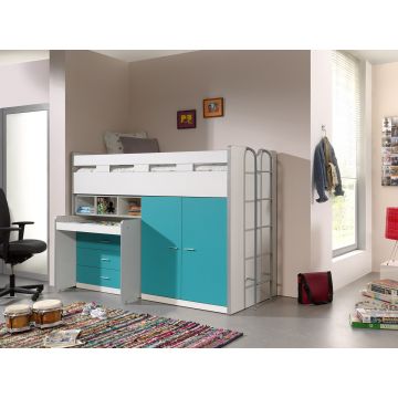 Pat etajat din pal si metal cu birou incorporat, 3 sertare si dulap, pentru copii Bonny High Alb / Turcoaz, 200 x 90 cm