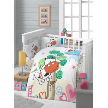 Set lenjerie pentru copii, din bumbac Ranforce, 4 piese, Cow Multicolor, 100 x 150 cm