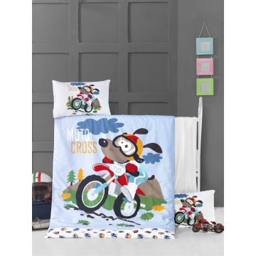 Set lenjerie pentru copii, din bumbac Ranforce, 4 piese, Moto Cross Multicolor, 100 x 150 cm