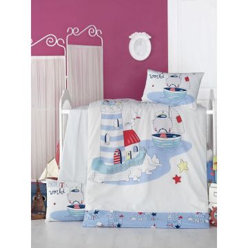 Set lenjerie pentru copii, din bumbac Ranforce, 4 piese, Nautic Multicolor, 100 x 150 cm