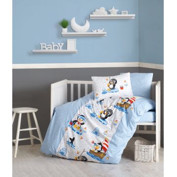 Set lenjerie pentru copii, din bumbac Ranforce, 4 piese, Pinguin Multicolor, 100 x 150 cm