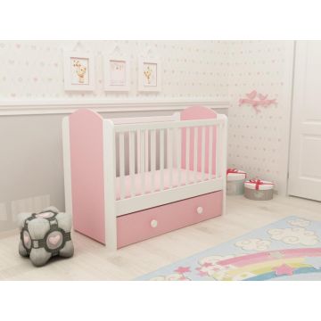 Patut cu sertar Happy cu leganare alb-roz D120 Patut cu sertar Happy cu leganare alb-roz D120
