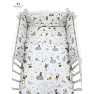 Lenjerie patut 3 piese cu protectie laterala Forest friends GreyBeige din bumbac pentru patut 120x60 cm