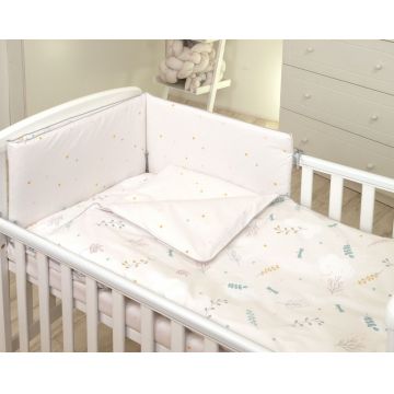 Set lenjerie din bumbac cu protectie laterala fata dubla pentru pat bebelusi 120 x 60 cm Airy Beige