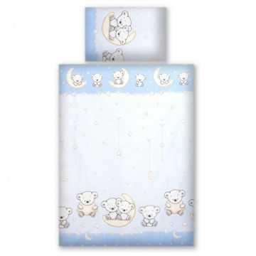 Set lenjerie din bumbac cu protectie laterala pentru pat bebelusi 120x60cm Teddy Bear Blue