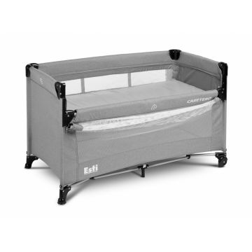 Patut pliabil pentru copii cu etaj suplimentar,laterala culisanta,roti cu blocare,fereastra acces cu fermoar,saltea pliabila si geanta transport incluse Caretero Esti gri