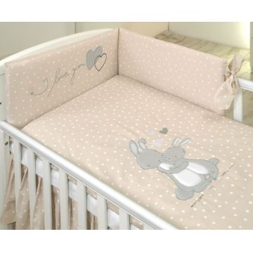 Set lenjerie din bumbac cu protectie laterala pentru pat 140x70cm Iepuras Bej