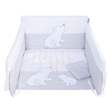 Set lenjerie din bumbac cu protectie laterala pentru pat bebelusi Bear Heart Grey 120x60 cm