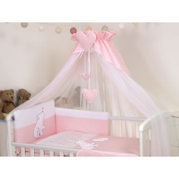 Set lenjerie din bumbac cu protectie laterala pentru pat bebelusi Bear Heart Pink 120x60 cm