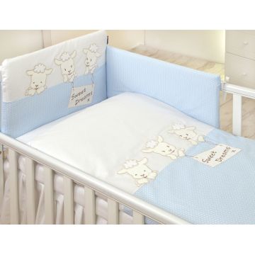 Set lenjerie din bumbac cu protectie laterala pentru pat bebelusi Sweet Dreams Blue 120x60 cm