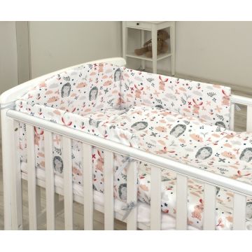 Set lenjerie din bumbac 3 piese cu protectie laterala pentru pat bebelusi 120 x 60 cm Iepuras Roz