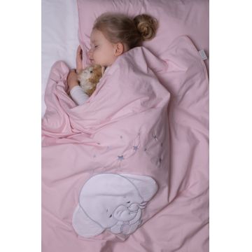 Set lenjerie din bumbac cu protectie laterala pentru pat bebelusi Elephant Pink 120 x 60 cm