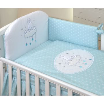 Set lenjerie din bumbac cu protectie laterala pentru pat bebelusi Sky Bunny Turquoise 120 x 60 cm