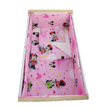 Lenjerie 5 piese, Minnie si Mickey, roz cu stelute, 120x60cm