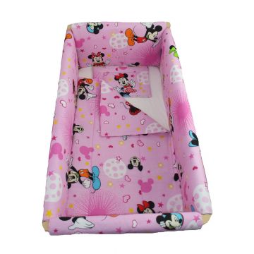 Lenjerie 7 piese, Maxi, Minnie si Mickey, roz cu stelute, 120x60cm