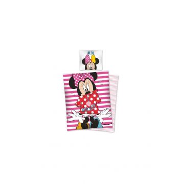 Lenjerie de pat cu dungi roz, Minnie Mouse, Lol, 140x200 cm