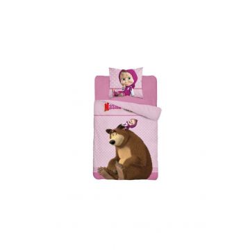 Lenjerie pat, Masha si Ursul, roz,160x200 cm