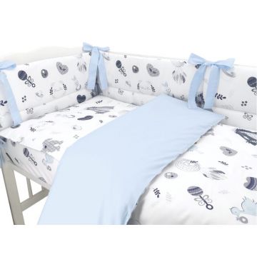 Lenjerie patut 3 piese cu protectie laterala Baby Shower Blue din bumbac pentru patut 120x60 cm