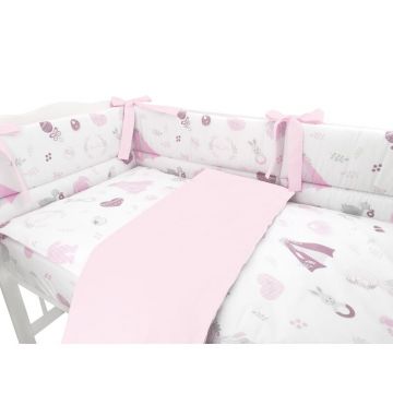 Lenjerie patut 3 piese cu protectie laterala Baby Shower Pink din bumbac pentru patut 120x60 cm