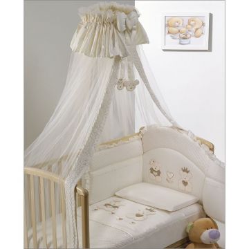 Set lenjerie de lux din bumbac cu broderie, protectie laterala, pilota, pentru pat bebelusi Real Bears Ivory Italia