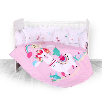 Set lenjerie pat 8 piese 70x140 cm bumbac ranforce Happy Lama Pink