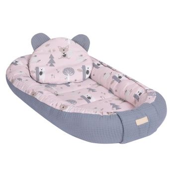 Baby Nest multifunctional cu doua tipuri de material Velur Blue Forest