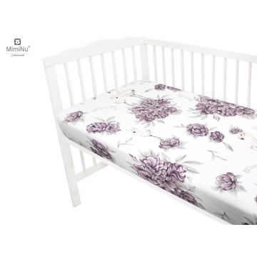 Cearceaf cu elastic MimiNu pentru patut 120X60 cm din bumbac Peonie Plum