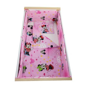 Lenjerie 5 piese, Prichindel, Minnie si Mickey roz cu stelute, 140x70cm