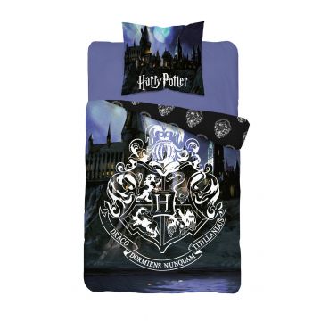 Lenjerie pat bumbac, Harry Potter, Hogwart, neagra, 140x200 cm